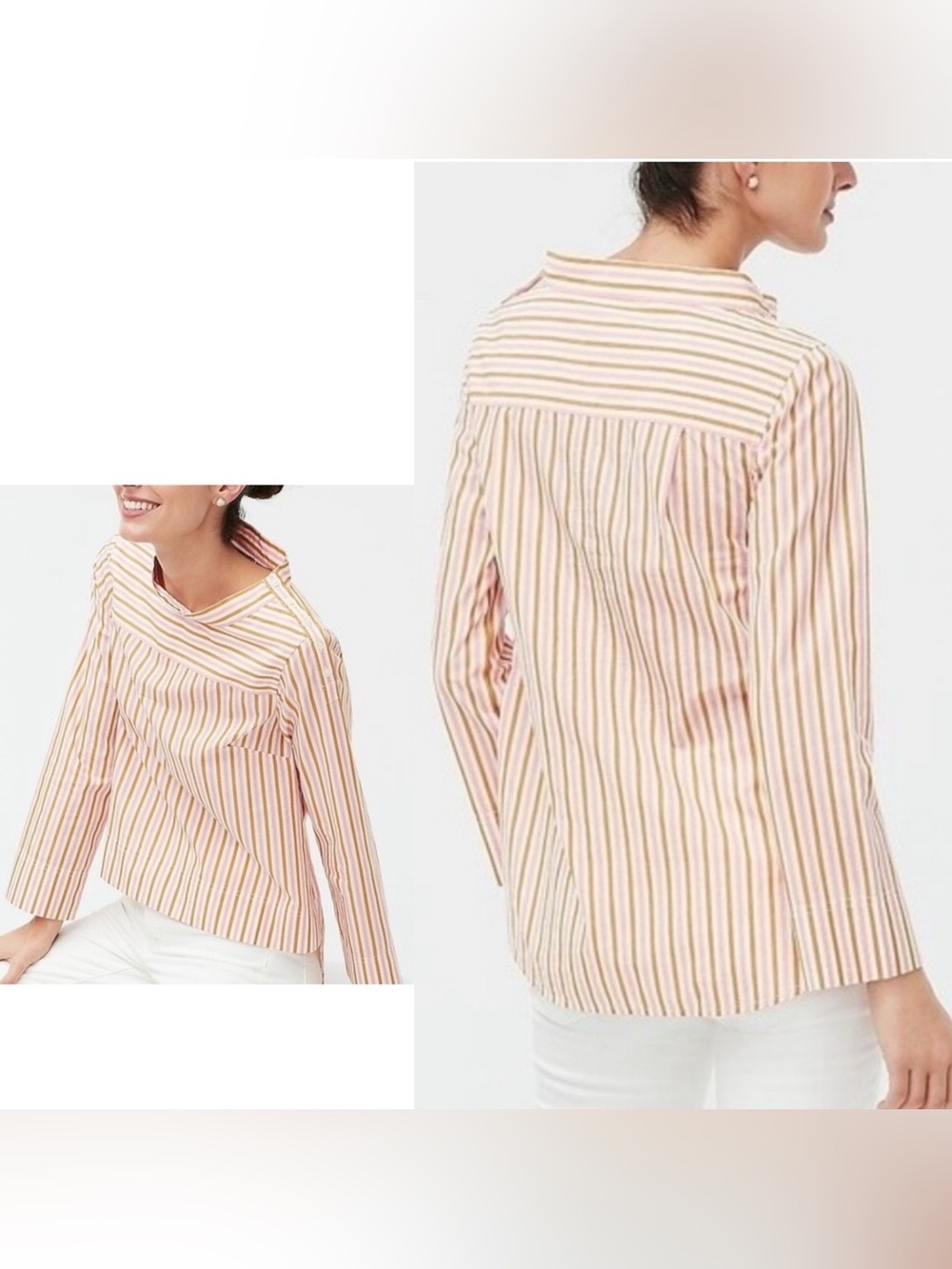 J Crew Womens Maddie Striped Funnelneck Top 10 Cotton Poplin Sapphire Casual